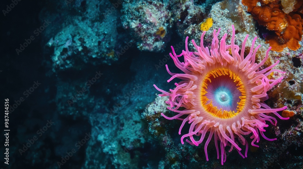 Fototapeta premium Top view of a colorful sea anemone on the ocean floor, with an empty space on the right side for adding text or promotional information.