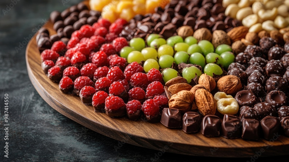 A vibrant display of colorful chocolate-covered fruits and nuts on a wooden platter, highlighting the delightful combinations of flavors and textures. A vibrant display of colorful chocolate-covered fruits and nuts on a wooden platter, highlighting the delightful combinations of flavors and textures.
