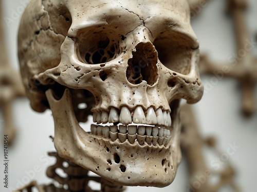 Realistic human skeleton on a white backdrop. photo