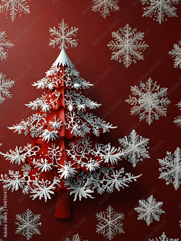 Red background with a white Christmas tree and snowflakes. Red background with a white Christmas tree and snowflakes.
