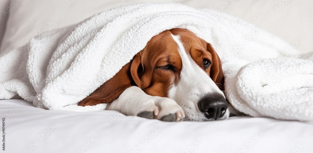 A cozy dog wrapped in a blanket, appearing relaxed and comfortable. A cozy dog wrapped in a blanket, appearing relaxed and comfortable.