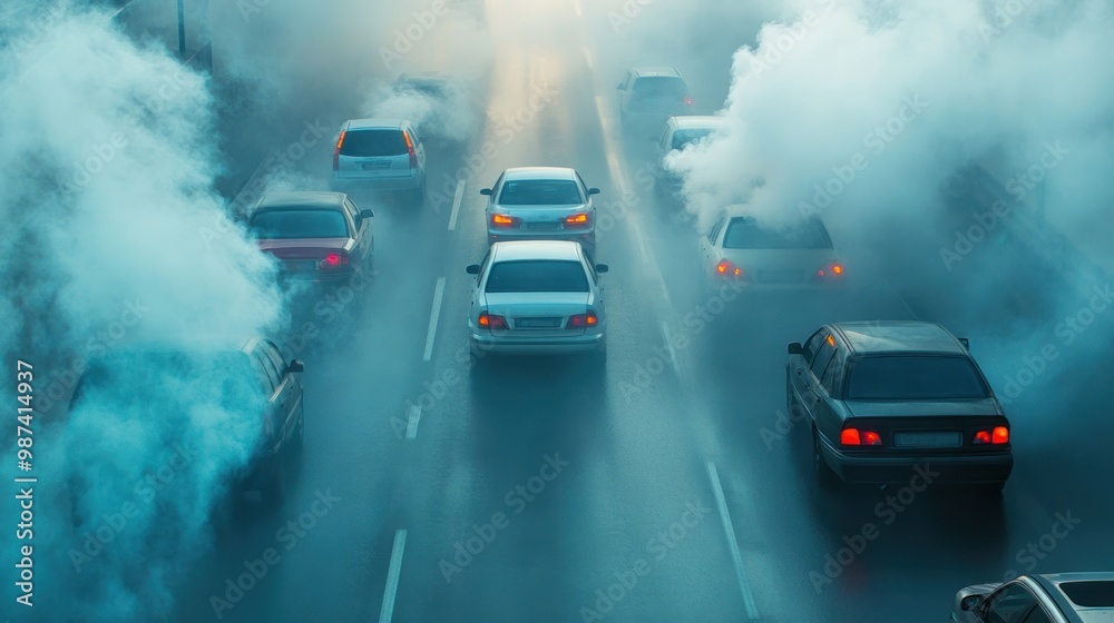 Fototapeta premium A highway packed with cars, emitting exhaust fumes and contributing to air pollution, highlighting the need for greener transportation alternatives