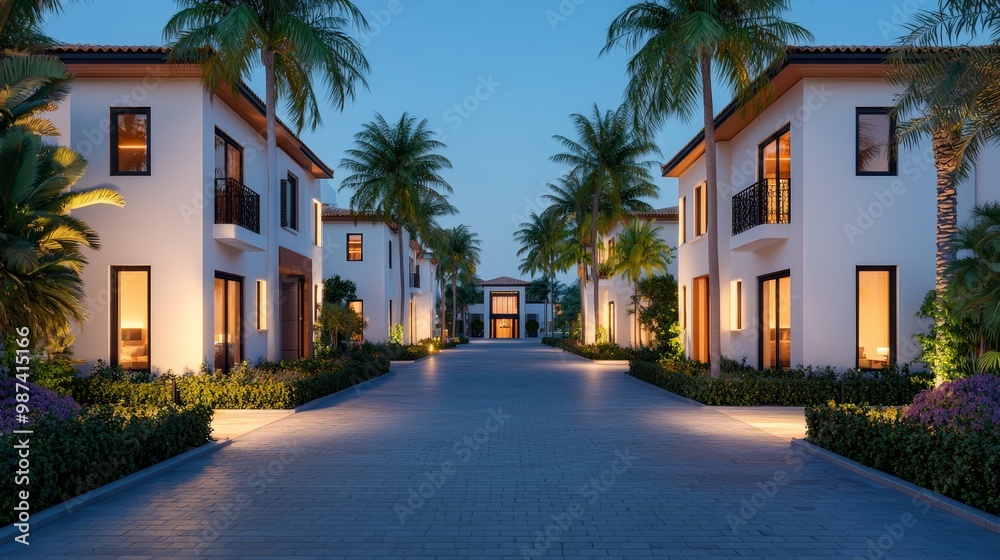 Fototapeta premium Palm Jumeirah Villas Glowing in a Radiant Night Scene