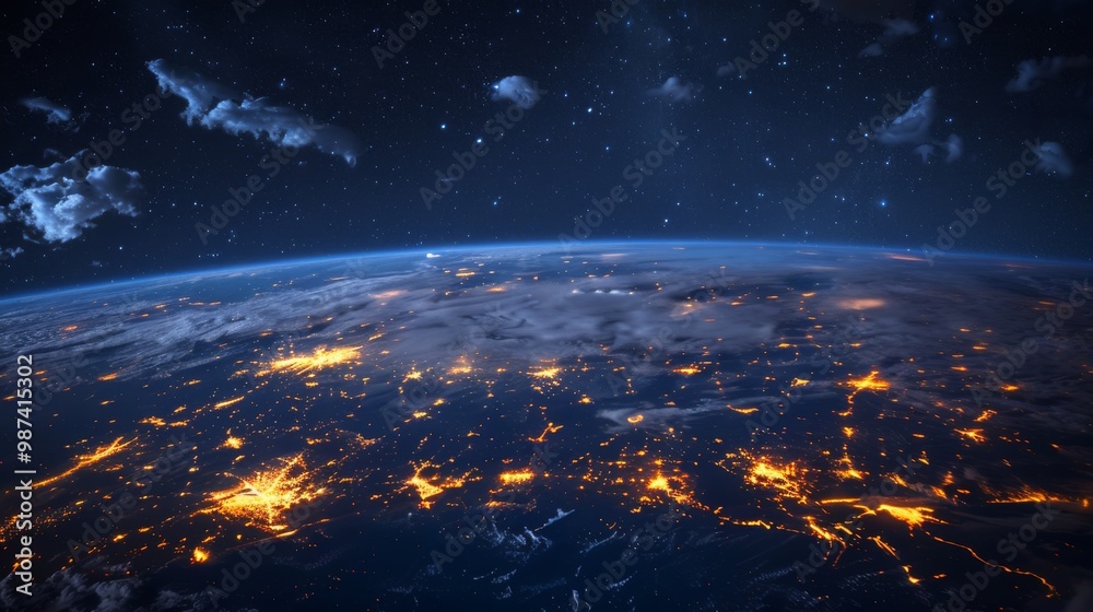 Obraz premium 3D Earth with atmospheric clouds and night lights in European regions