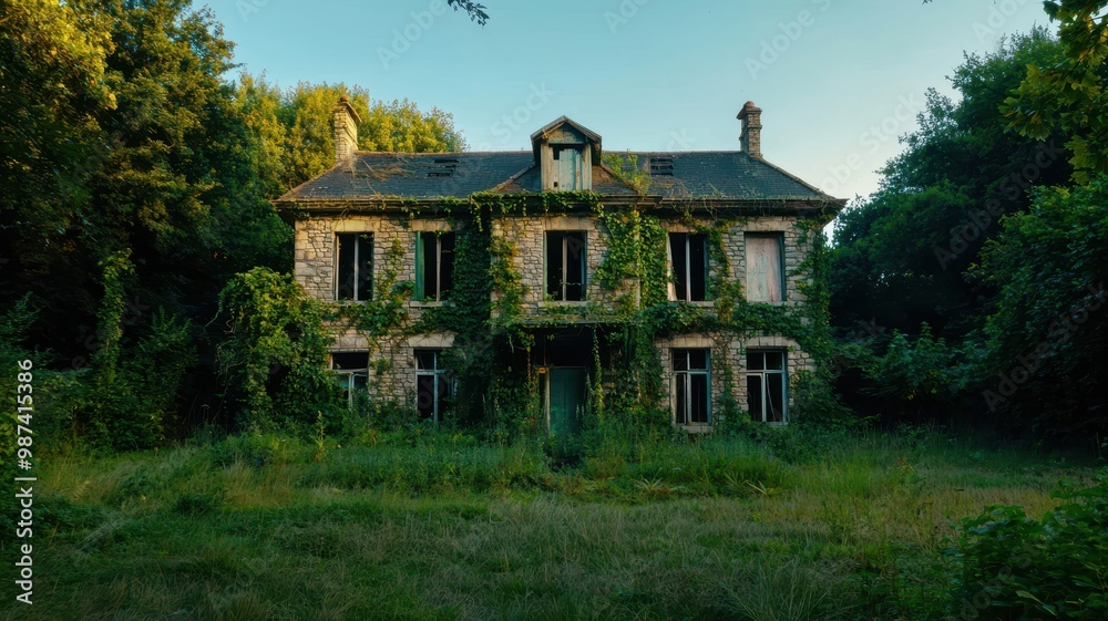 Abandoned house enveloped by nature, showcasing a blend of decay and serenity. Abandoned house enveloped by nature, showcasing a blend of decay and serenity.