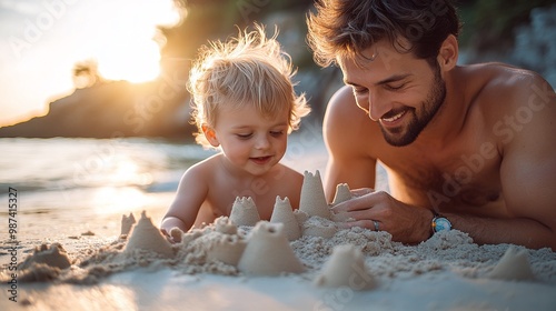 cheerful family moment at the beach with a father and his young son building a sand castle, surrounded by sunlight and the beautiful coastal scenery photo