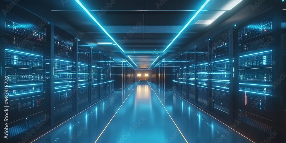 Futuristic data center with high-speed racks in server room Futuristic data center with high-speed racks in server room