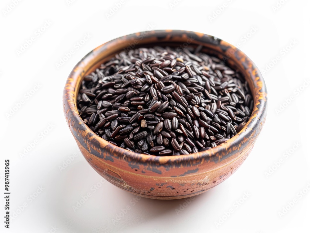 A bowl of black rice on a white background A bowl of black rice on a white background