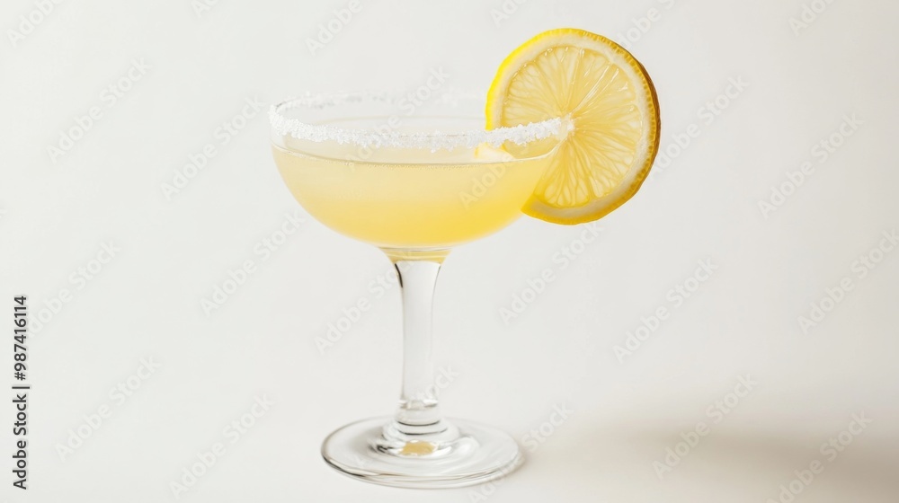 A refreshing lemon juice cocktail with a slice of lemon on the rim of the glass, set on a white background to emphasize the vibrant, citrus flavor A refreshing lemon juice cocktail with a slice of lemon on the rim of the glass, set on a white background to emphasize the vibrant, citrus flavor