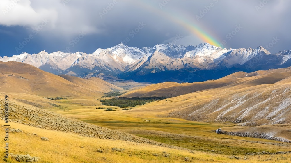 Mountain view with rainbow over valley Mountain view with rainbow over valley