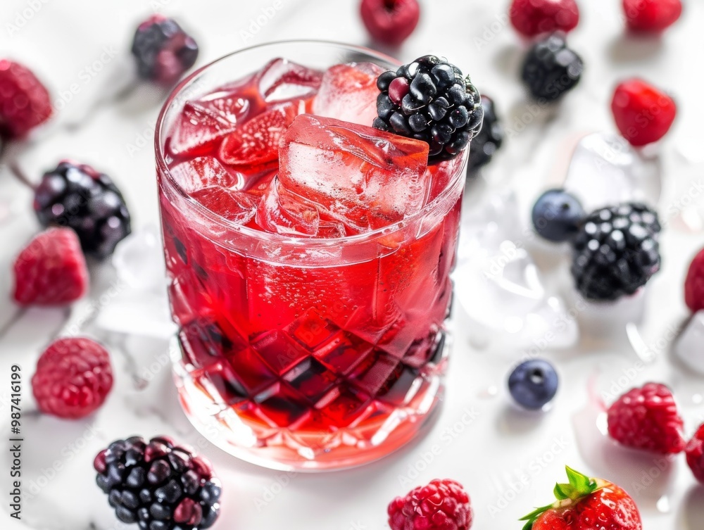 A bramble cocktail in a rocks glass with fresh berries on a white background A bramble cocktail in a rocks glass with fresh berries on a white background