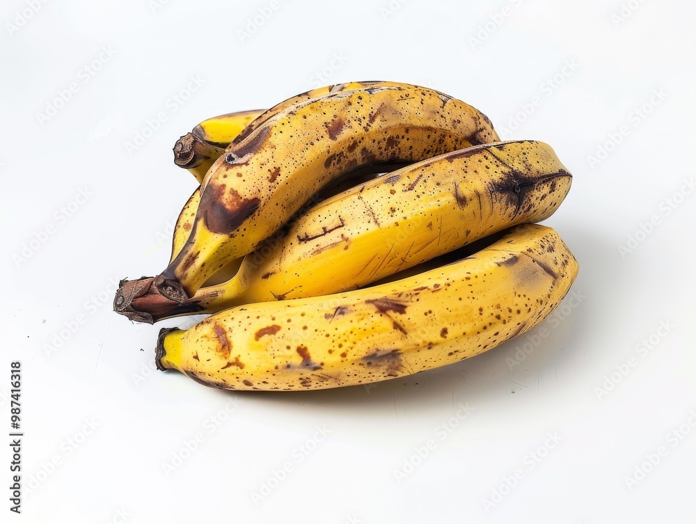 A bunch of bananas with a peeled section on a white background A bunch of bananas with a peeled section on a white background