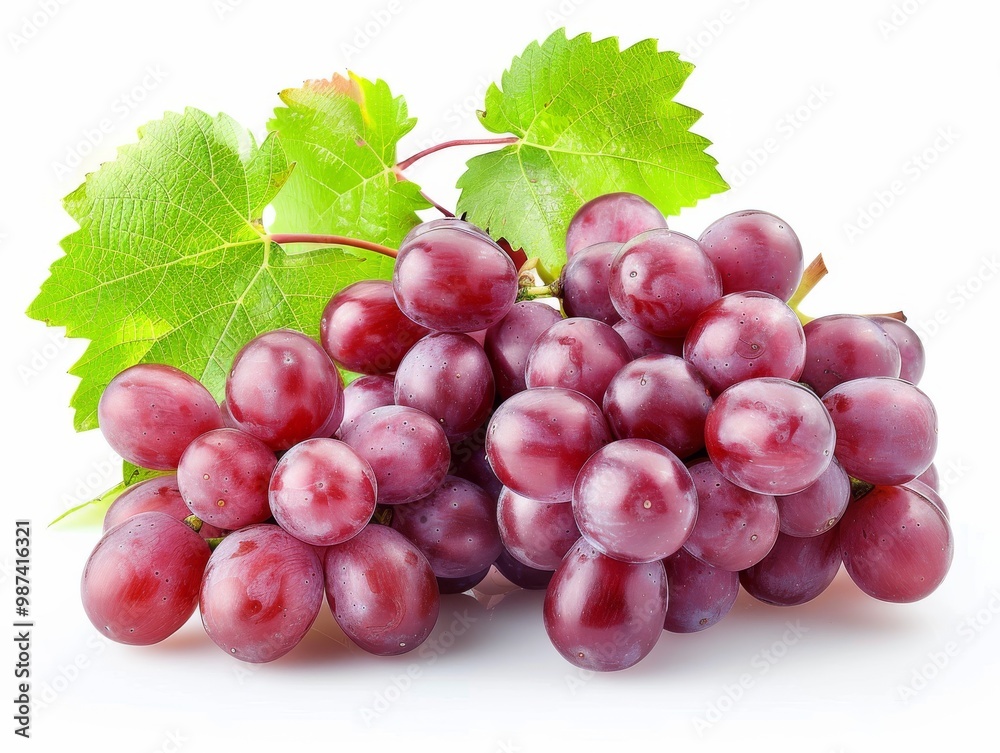 Fototapeta premium A bunch of red grapes with some leaves on a white background