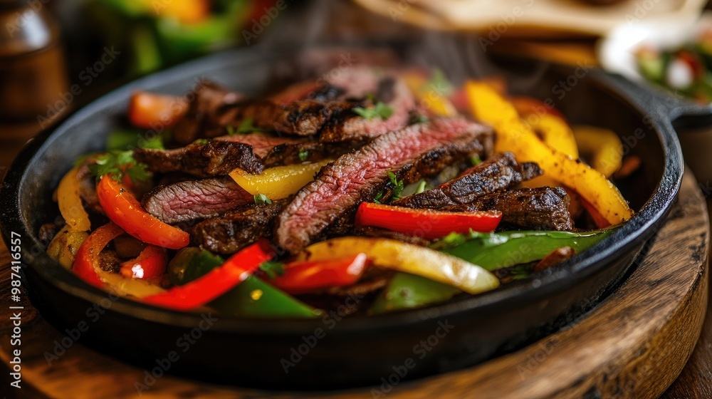 A vibrant steak fajita platter with sizzling strips of beef, colorful bell peppers, and warm tortillas, inviting viewers to indulge in a flavorful meal