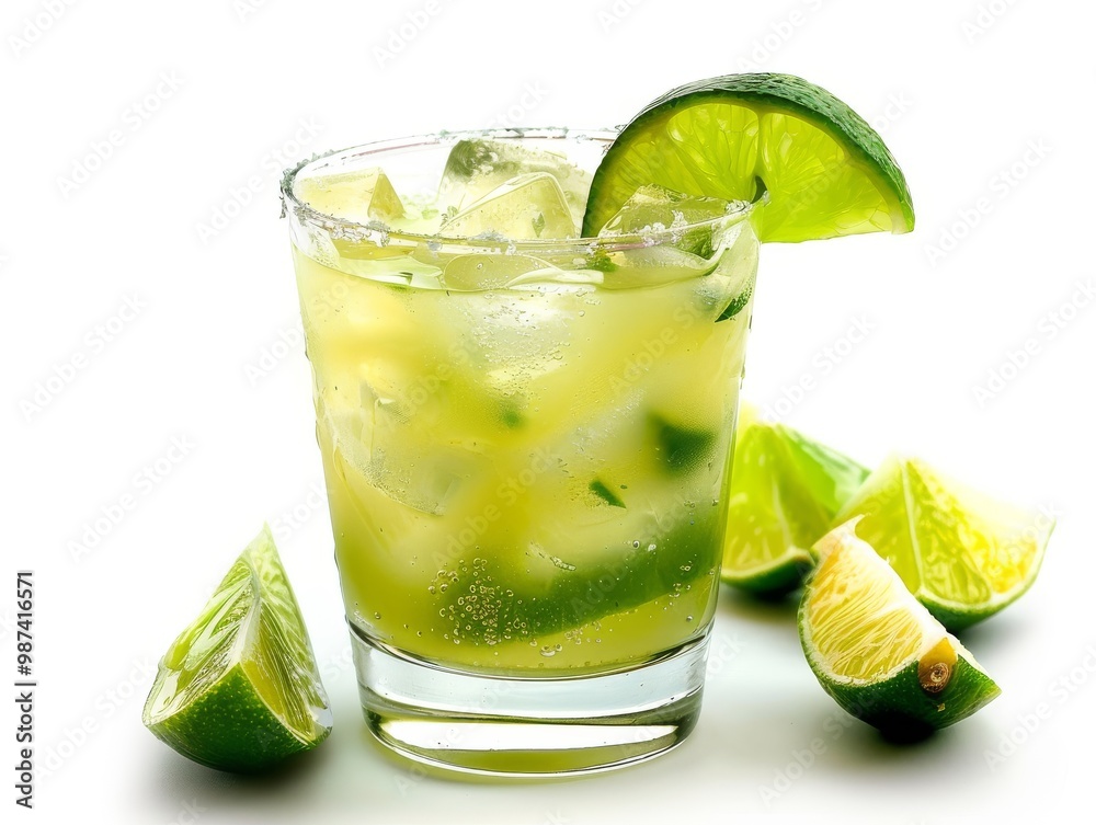 A caipirinha in a short glass with lime slices on a white background A caipirinha in a short glass with lime slices on a white background