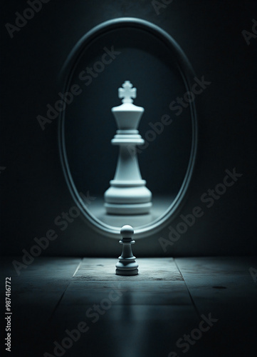 White pawn standing looking in mirror seeing king reflection