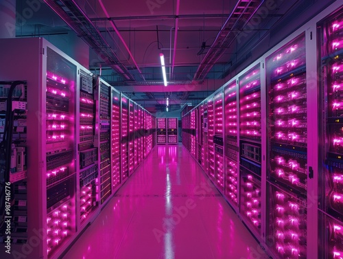 Modern data center with glowing server racks