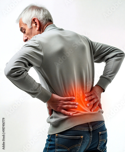 Senior man suffering from back pain touching his back with red spot on white background