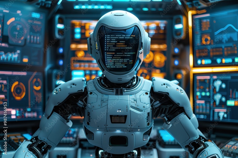 Advanced Humanoid Robot Analyzing Data in Control Room Advanced Humanoid Robot Analyzing Data in Control Room