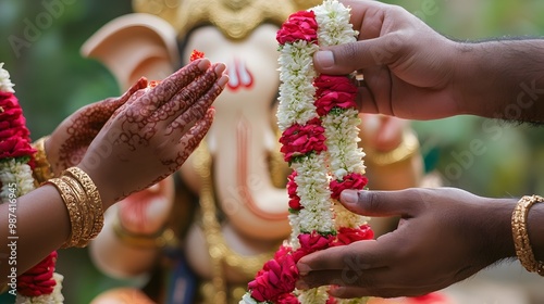 Hands of Devotees Offering Garlands to the Hindu Deity Ganesha photo