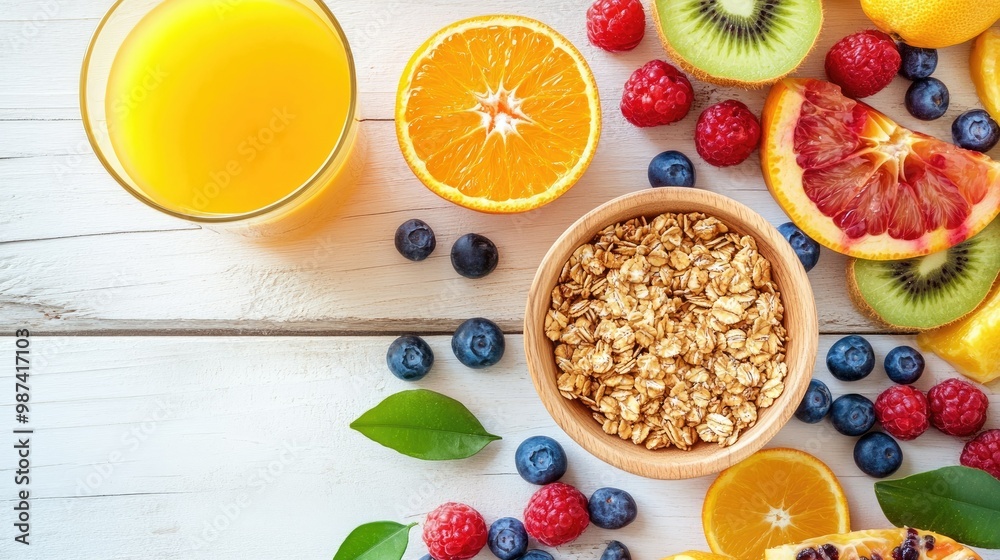 Top view of a healthy breakfast with a glass of orange juice, a bowl of granola, and fresh fruit on a light wooden table. Top view of a healthy breakfast with a glass of orange juice, a bowl of granola, and fresh fruit on a light wooden table.