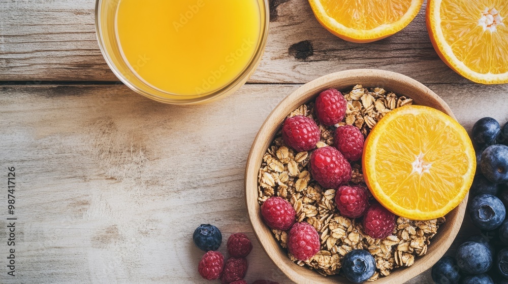 Top view of a healthy breakfast with a glass of orange juice, a bowl of granola, and fresh fruit on a light wooden table.
