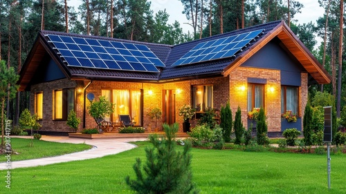 Modern house with solar panels, surrounded by greenery and warm lighting.