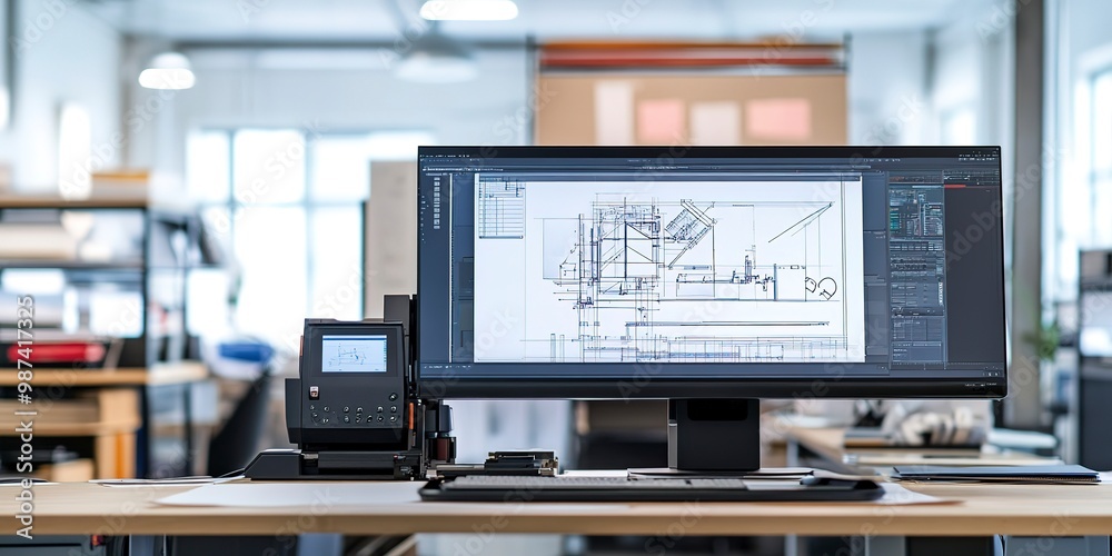 Draw technical drawings with this wide banner featuring a professional large format plotter that works in engineering offices. Draw technical drawings with this wide banner featuring a professional large format plotter that works in engineering offices.