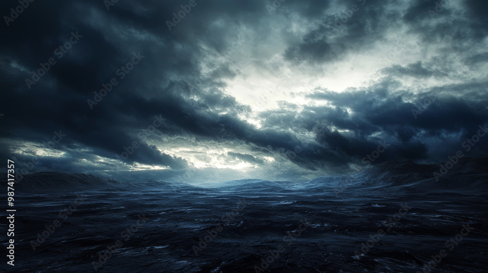 A wide, atmospheric scene featuring a dark, cloud-filled sky. Generative AI A wide, atmospheric scene featuring a dark, cloud-filled sky. Generative AI