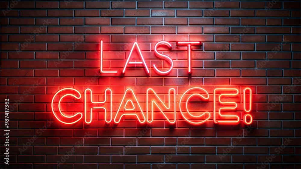Neon last chance sign, glowing red text, on dark brick background, copy space Neon last chance sign, glowing red text, on dark brick background, copy space