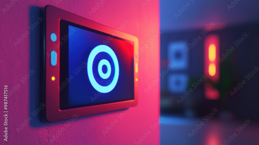 modern control panel with circular interface is illuminated in vibrant blue and red hues, creating futuristic ambiance in stylish interior modern control panel with circular interface is illuminated in vibrant blue and red hues, creating futuristic ambiance in stylish interior