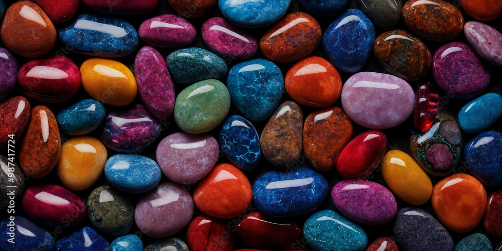 Glänzende, polierte Edelsteine in leuchtenden Blau-, Rot-, Violett- und Orangetönen, harmonisch angeordnet auf dunklem Hintergrund, mit reflektierenden Oberflächen, die ihre Farben hervorheben