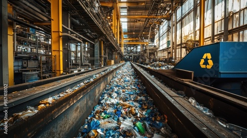 A recycling plant processing plastic and paper waste, showing the importance of recycling to reduce pollution and conserve resources