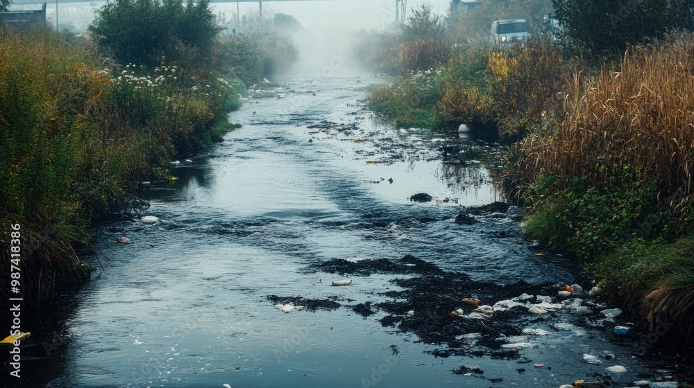A river polluted by industrial waste, with harmful chemicals visibly affecting aquatic life and surrounding ecosystems A river polluted by industrial waste, with harmful chemicals visibly affecting aquatic life and surrounding ecosystems