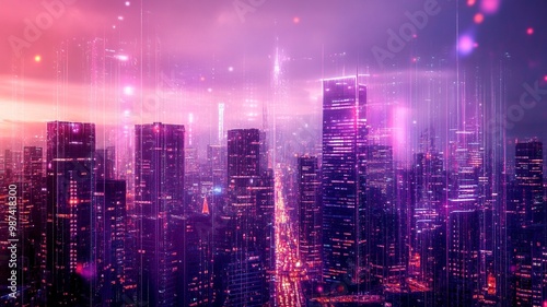Wallpaper Mural Creative glowing purple night city wallpaper with digital data lines all over. Smart city, VR, AI and innovation concept. generative ai Torontodigital.ca