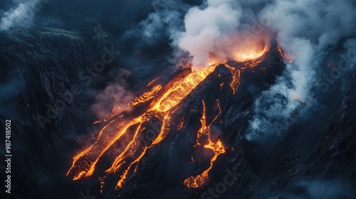 An aerial shot of a volcanic landscape, with glowing lava flows winding down the mountainside and ash clouds billowing, capturing the dramatic aftermath of an eruption. photo