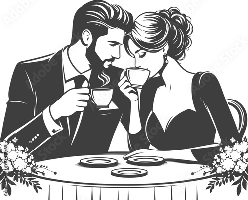 Wedding husband and wife are sitting at the table and drinking coffee silhouette vector design