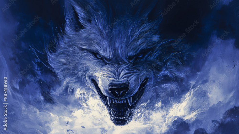 A fierce, snarling wolf with glowing eyes and sharp teeth, surrounded by swirling dark clouds and lightning A fierce, snarling wolf with glowing eyes and sharp teeth, surrounded by swirling dark clouds and lightning