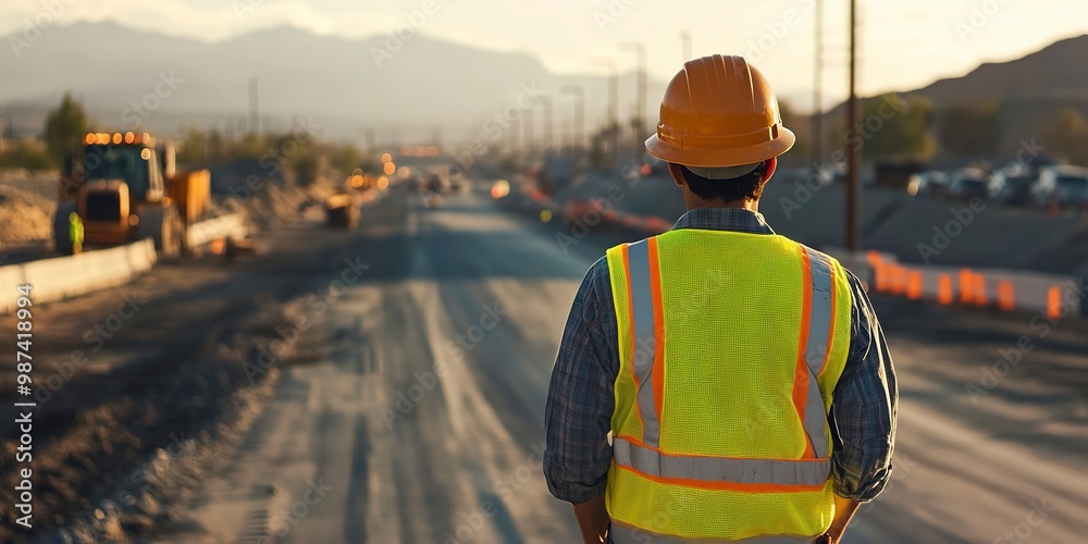 construction worker wearing a hard hat, a reflective vest, and currently working on a high-speed highway construction site. construction worker wearing a hard hat, a reflective vest, and currently working on a high-speed highway construction site.