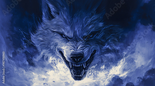 A fierce, snarling wolf with glowing eyes and sharp teeth, surrounded by swirling dark clouds and lightning
