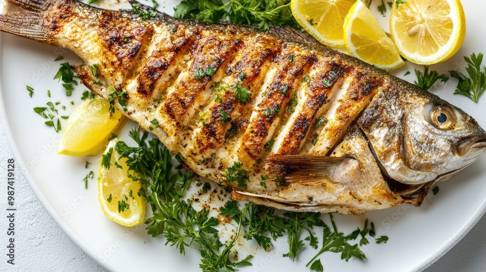 Top view of a perfectly grilled fish fillet with crispy skin, garnished with lemon wedges and fresh herbs, served on a white plate. Top view of a perfectly grilled fish fillet with crispy skin, garnished with lemon wedges and fresh herbs, served on a white plate.