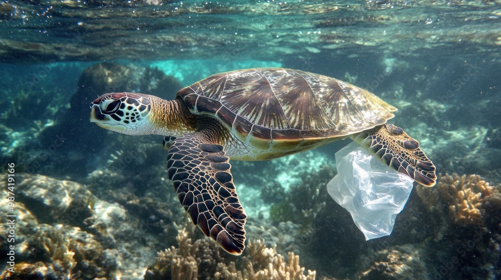 A sea turtle swimming near a plastic bag, highlighting the threat of ocean plastic pollution to marine wildlife and ecosystems A sea turtle swimming near a plastic bag, highlighting the threat of ocean plastic pollution to marine wildlife and ecosystems