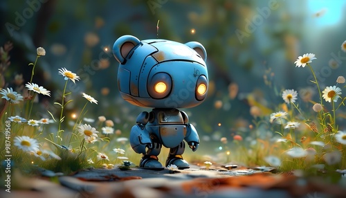 Charming 3D kawaii robot bear with glowing features, smiling in a nature-inspired setting, holding chamomile flowers in a colorful, playful illustration.