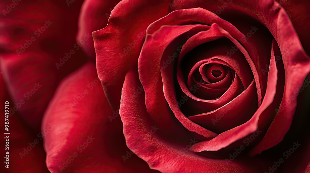 Top view of a red rose with a soft-focus background, leaving plenty of room on one side for copy or promotional information. Top view of a red rose with a soft-focus background, leaving plenty of room on one side for copy or promotional information.