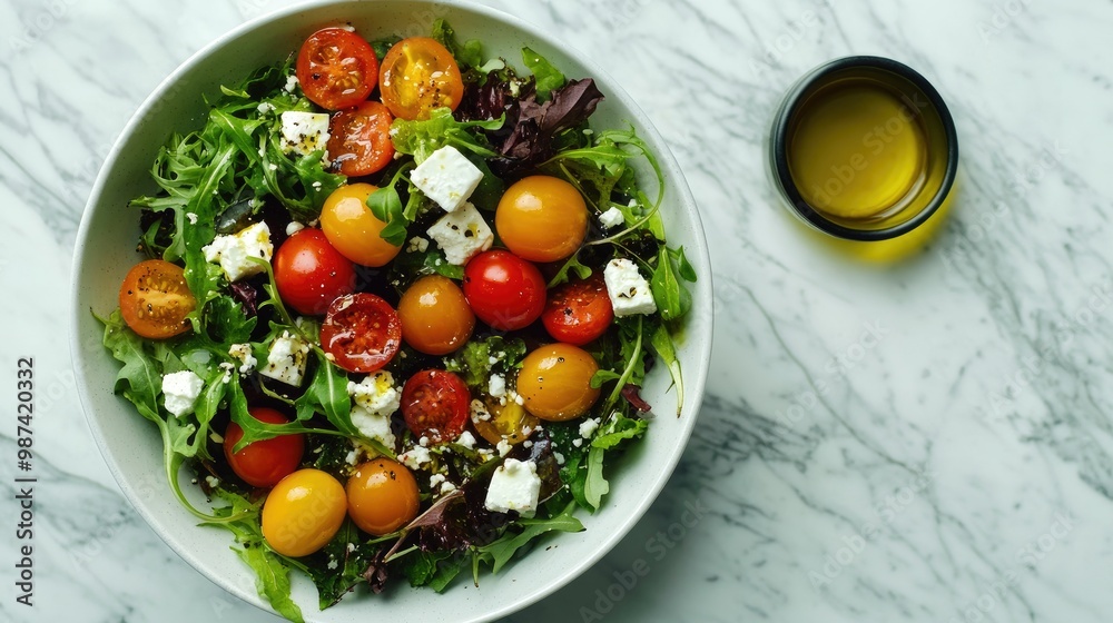 Top view of a salad bowl filled with colorful cherry tomatoes, mixed greens, and feta cheese, drizzled with olive oil. Top view of a salad bowl filled with colorful cherry tomatoes, mixed greens, and feta cheese, drizzled with olive oil.