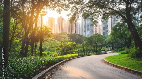 Pathway through a lush green park.