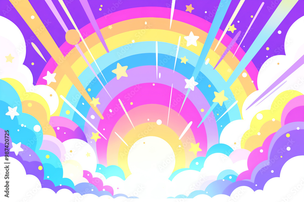 カラフルな虹と星が輝くポップでファンタジーな空の背景