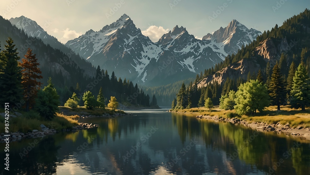 Serene scene of stylized mountains, trees, and a gentle river. Serene scene of stylized mountains, trees, and a gentle river.