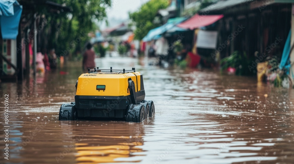 AI robots deployed in flood relief efforts, rescuing people from rooftops and delivering emergency supplies in waterlogged areas AI robots deployed in flood relief efforts, rescuing people from rooftops and delivering emergency supplies in waterlogged areas