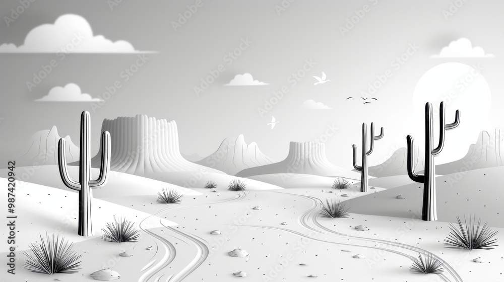 Obraz premium A serene desert landscape depicted in a black and white coloring book style, with crisp lines and clean outlines that make it very easy to color. Perfect for relaxing and unwinding with artistic